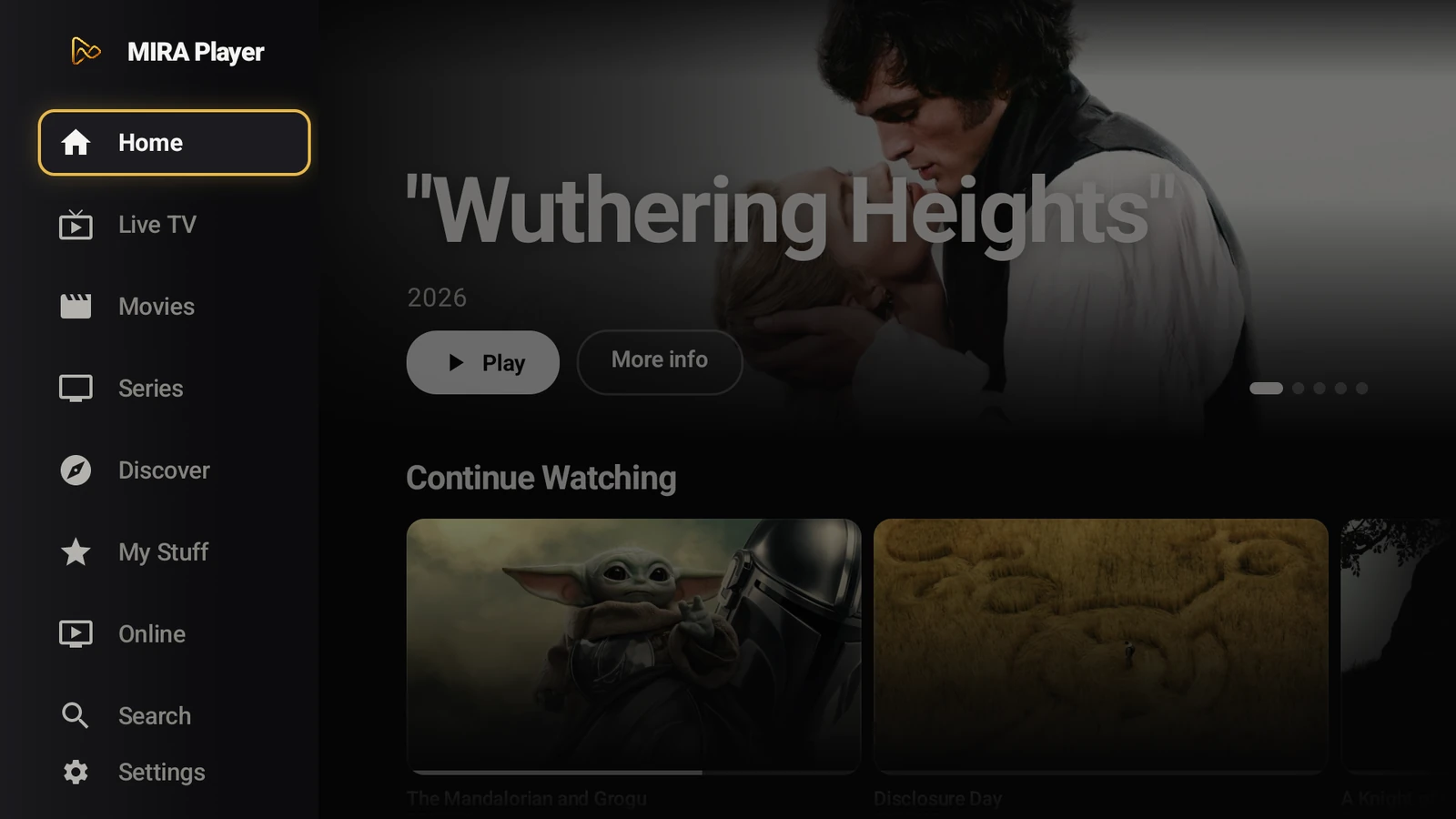 MIRA Player home screen — dark cinema UI with movies, live TV, and every connected source in one place