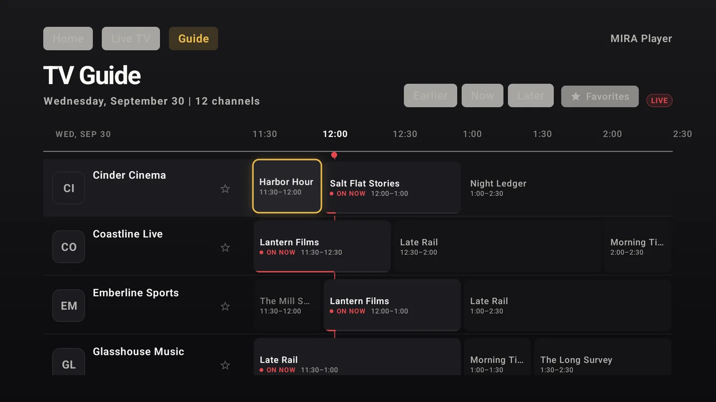 MIRA Player live TV guide with demo channels, demo UI illustration