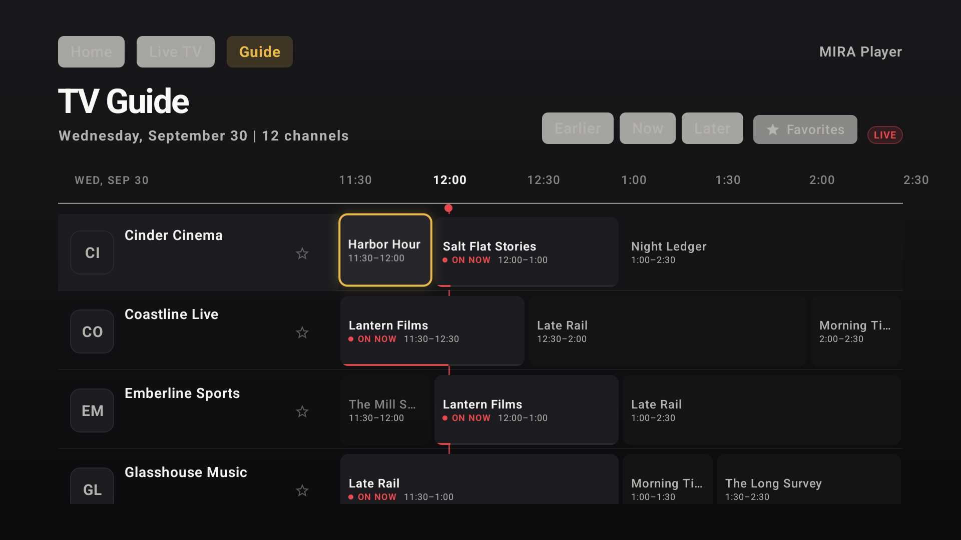 live TV guide, demo channels