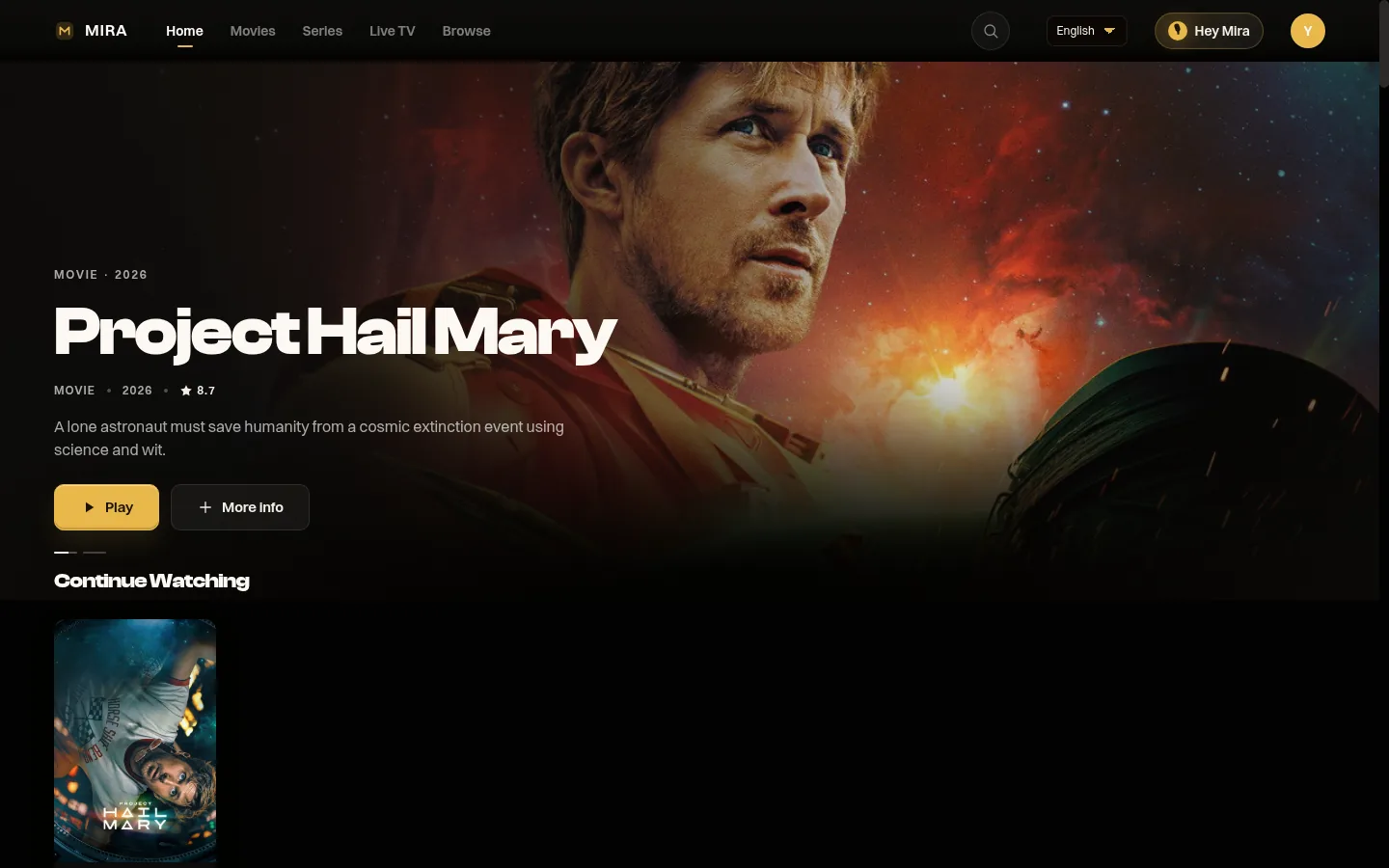 MIRA Player Home — featured titles, Continue Watching, and personalized rails