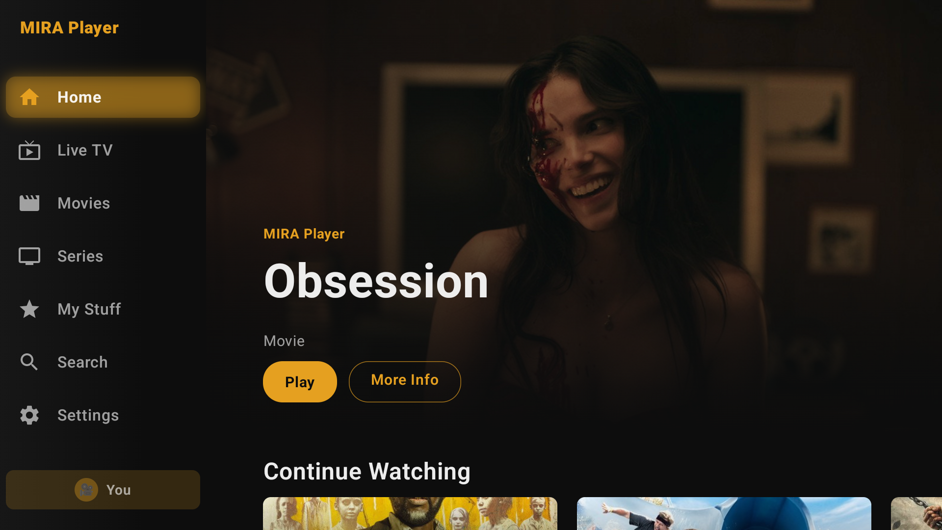 MIRA Player unified home screen with live TV and VOD on a Firestick running Android TV