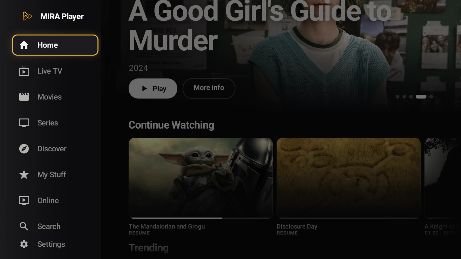 MIRA Player home screen with Live TV, Movies, and Series all in one sidebar