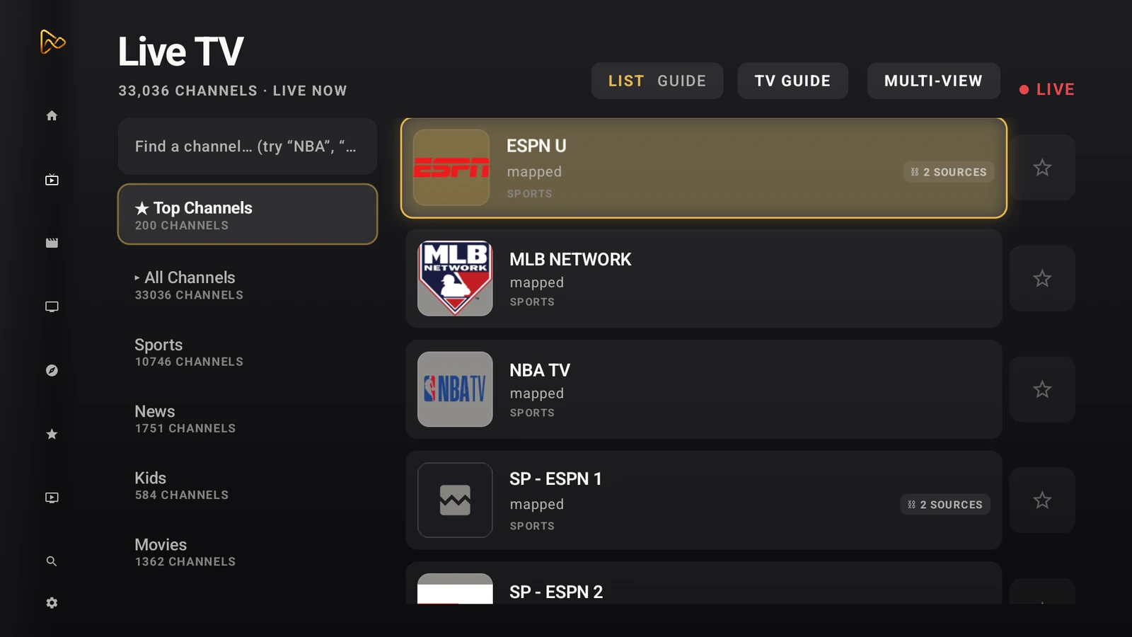 MIRA Player live TV list — thousands of live channels when your sources include them, some mapped to two sources