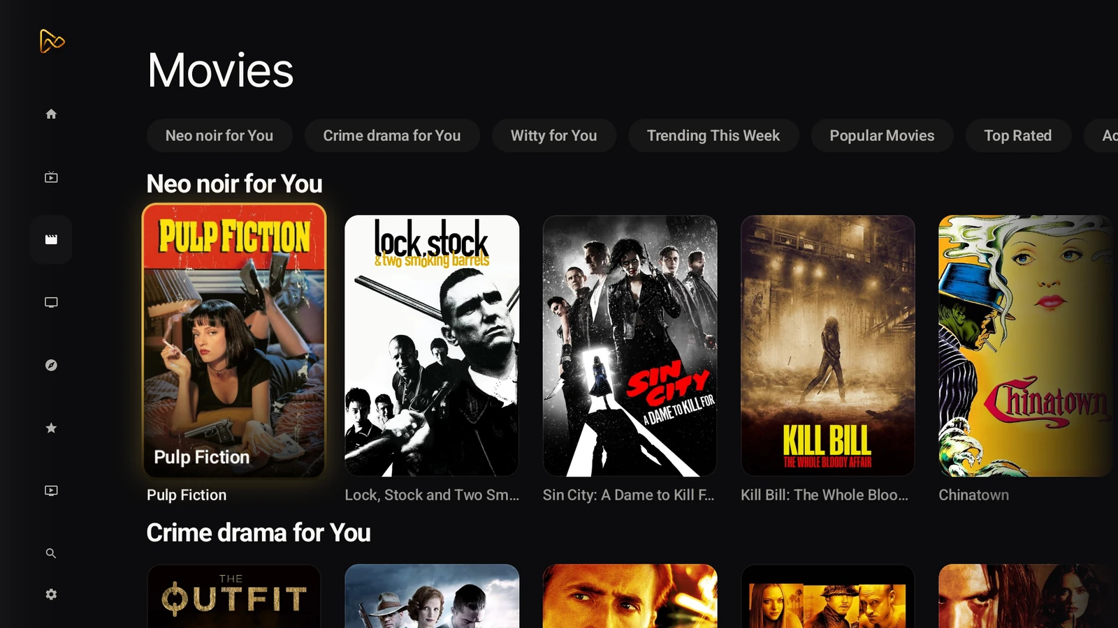 MIRA Player movies grid with real posters and genre rows