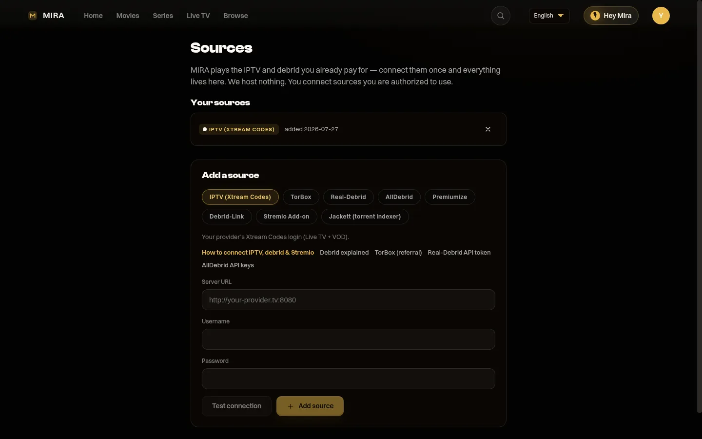 MIRA Player Sources page showing connected services in the current web UI