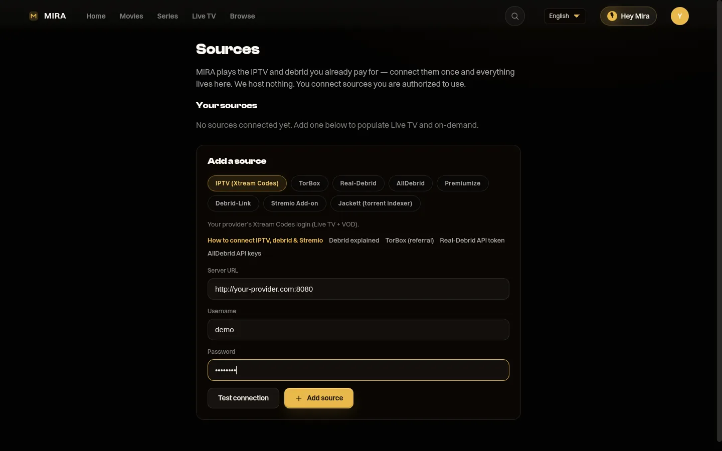 Connecting an IPTV source in MIRA Player — paste your provider's Xtream Codes server URL, username, and password
