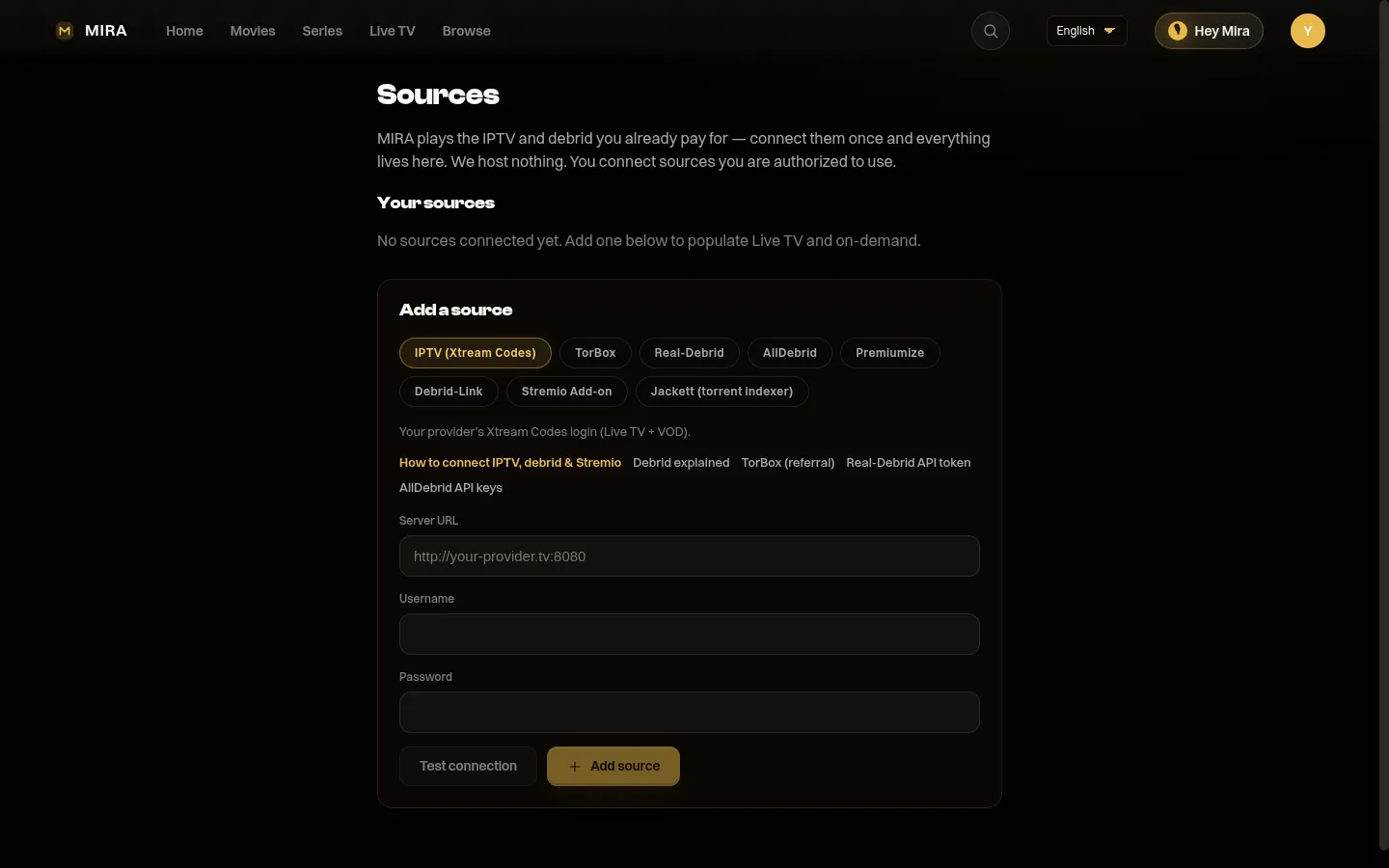 MIRA Player Sources page — connect IPTV (Xtream Codes), TorBox, Real-Debrid, AllDebrid, Premiumize, Debrid-Link, a Stremio add-on, or Jackett